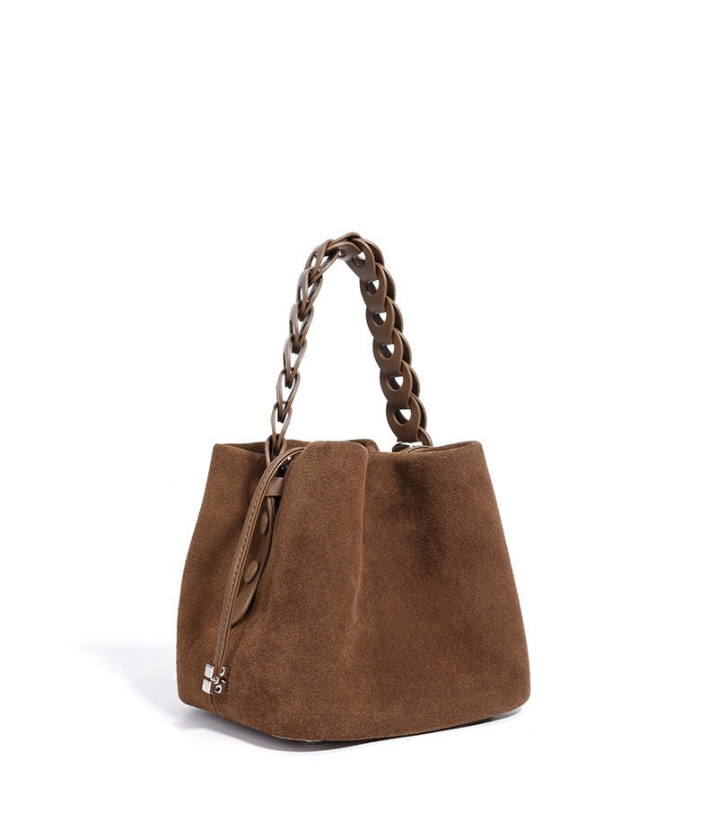 Suede Braided Handle Bucket Bag