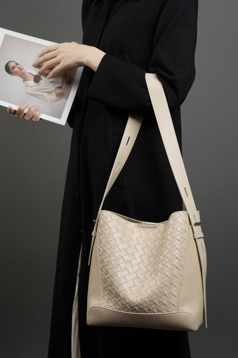 Woven Leather Bucket Shoulder Bag