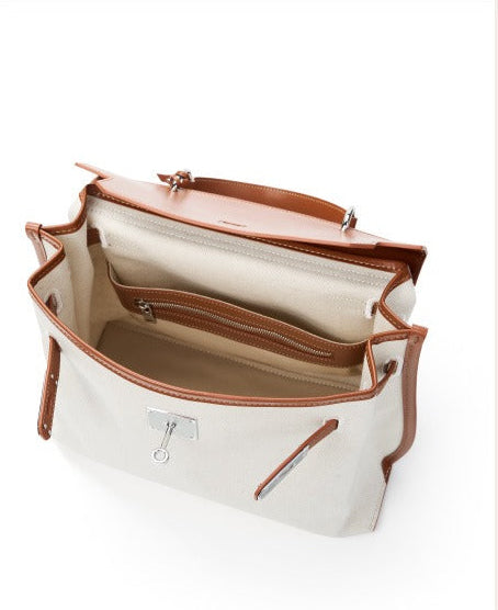 Canvas Leather Turn-Lock Top-Handle Bag