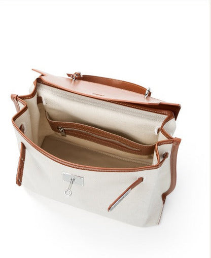 Canvas Leather Turn-Lock Top-Handle Bag