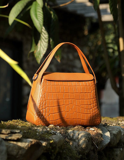 Crocodile Pattern Leather Flap Handbag
