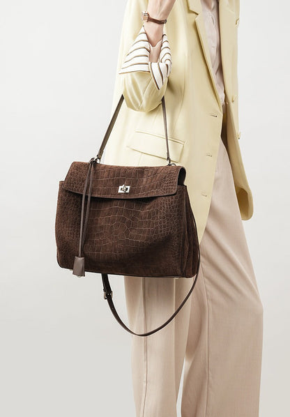 Textured Suede Shoulder Flap Bag