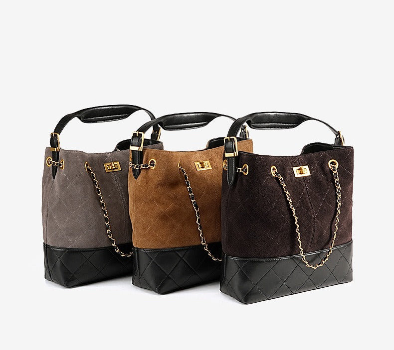 Quilted Suede Chain Bucket Bag