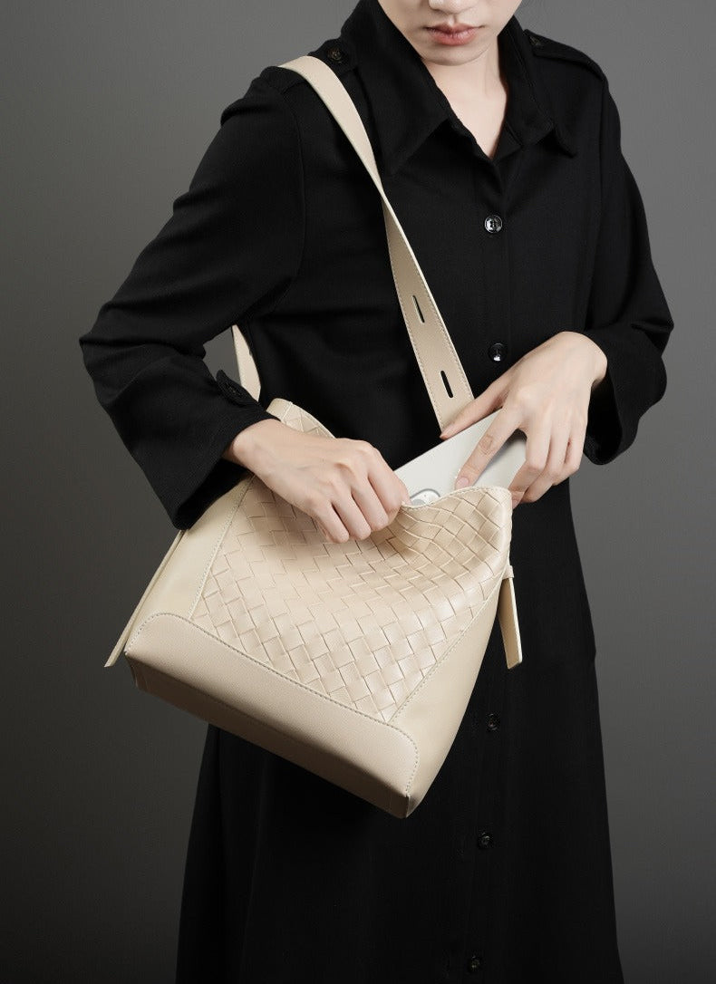 Woven Leather Bucket Shoulder Bag