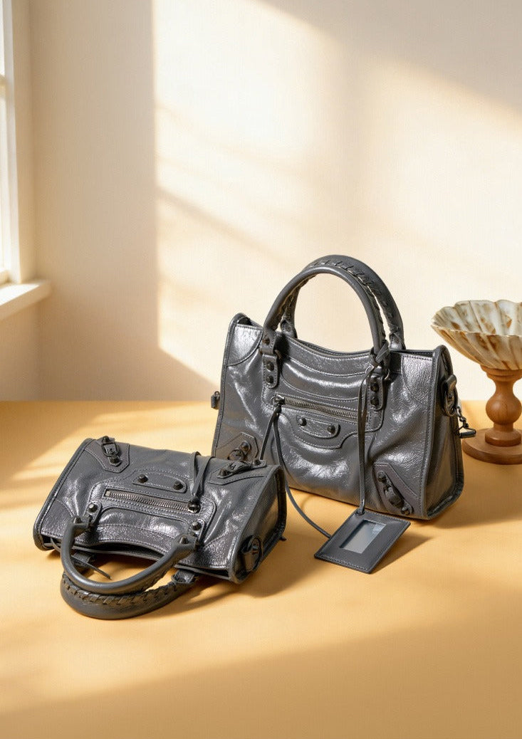 Crinkled Leather Rivet City Tote