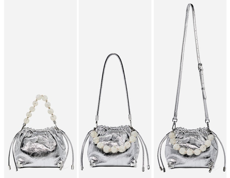 Chic Metallic Leather Drawstring Bag