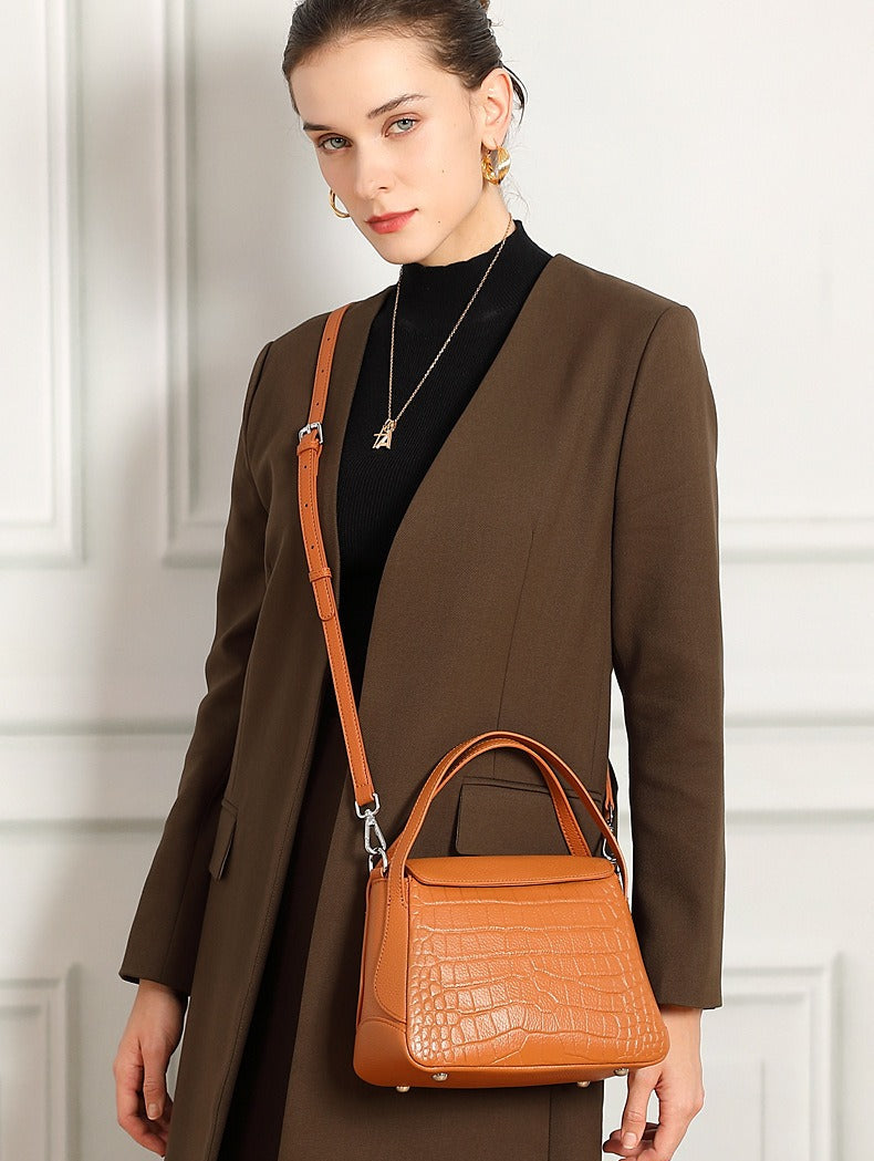 Crocodile Pattern Leather Flap Handbag