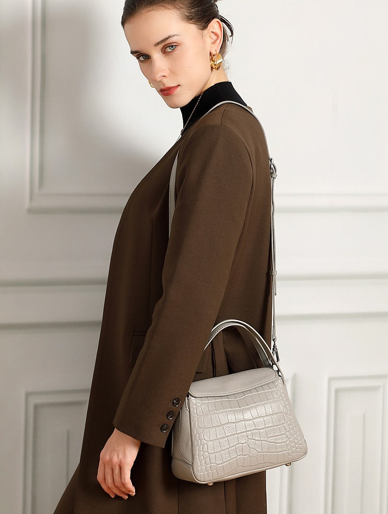 Crocodile Pattern Leather Flap Handbag