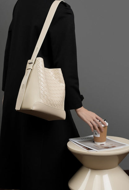 Woven Leather Bucket Shoulder Bag
