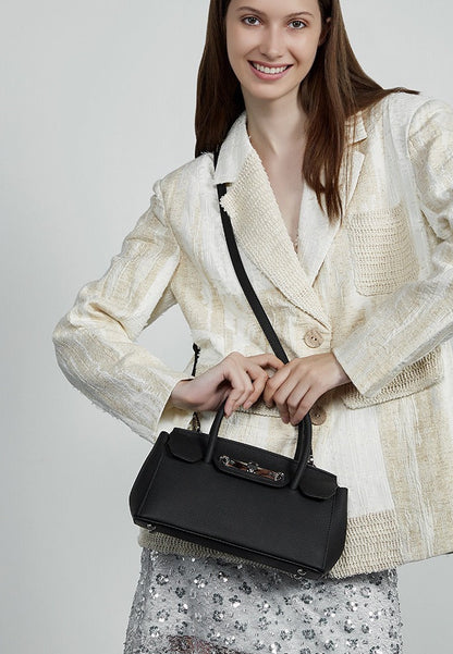 Textured Leather Twist Lock Handbag