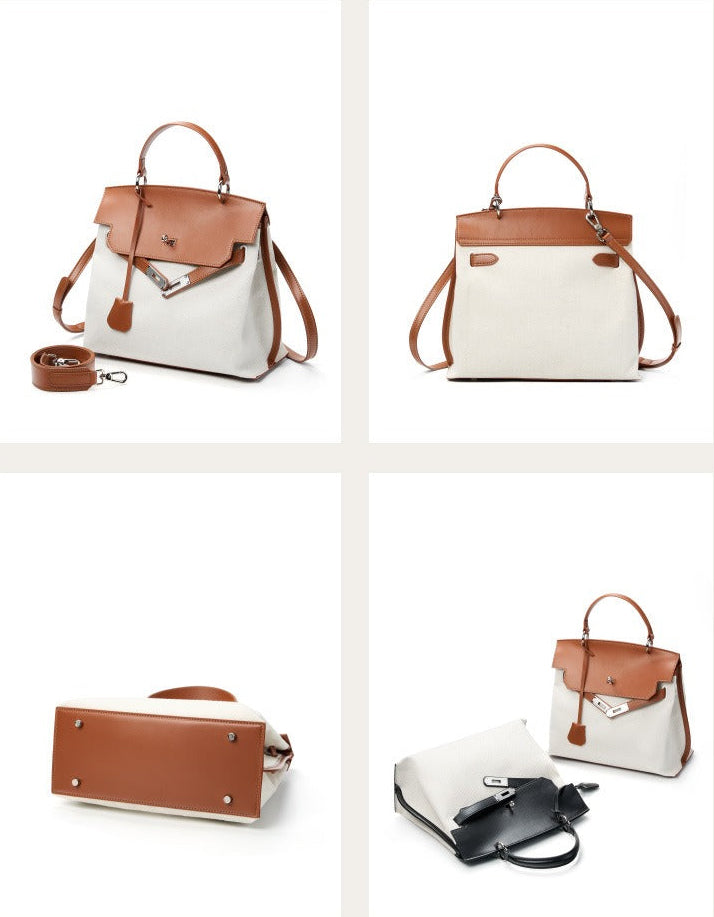 Canvas Leather Turn-Lock Top-Handle Bag