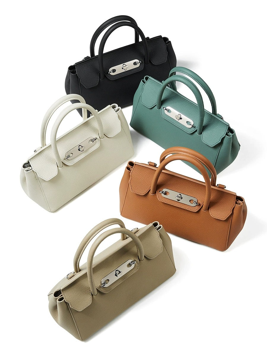 Textured Leather Twist Lock Handbag