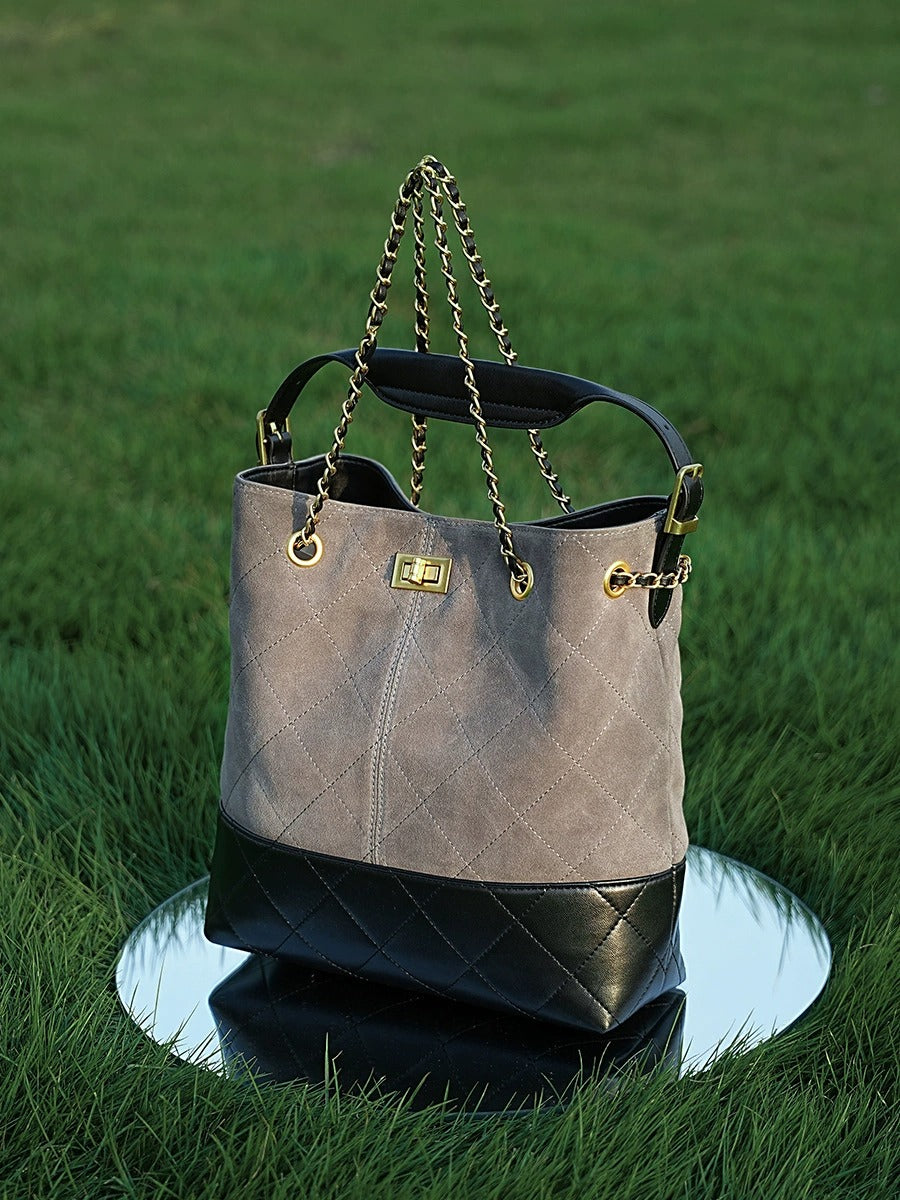 Quilted Suede Chain Bucket Bag