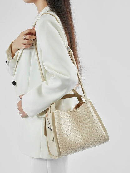 Woven Leather Bucket Tote Bag