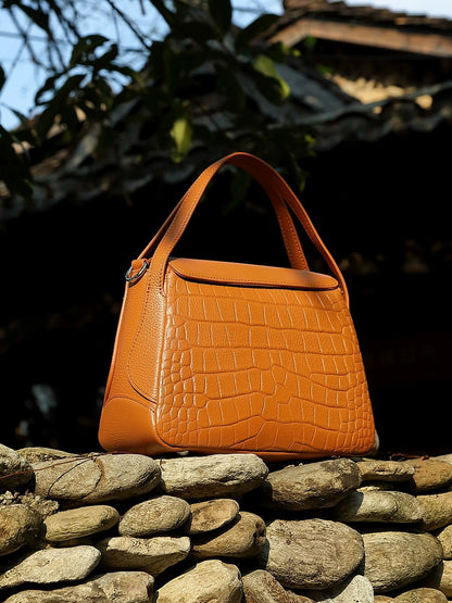 Crocodile Pattern Leather Flap Handbag