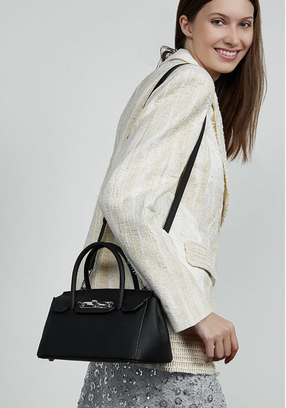 Textured Leather Twist Lock Handbag
