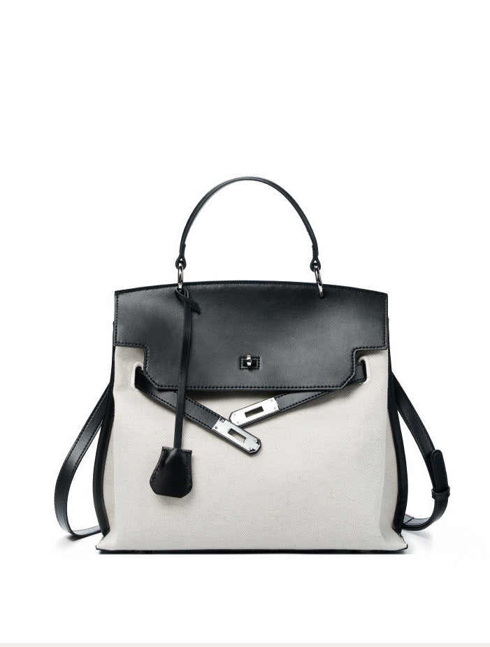 Canvas Leather Turn-Lock Top-Handle Bag