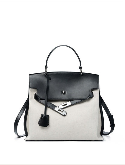 Canvas Leather Turn-Lock Top-Handle Bag