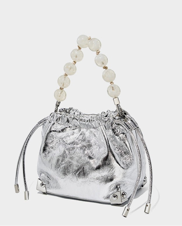 Chic Metallic Leather Drawstring Bag