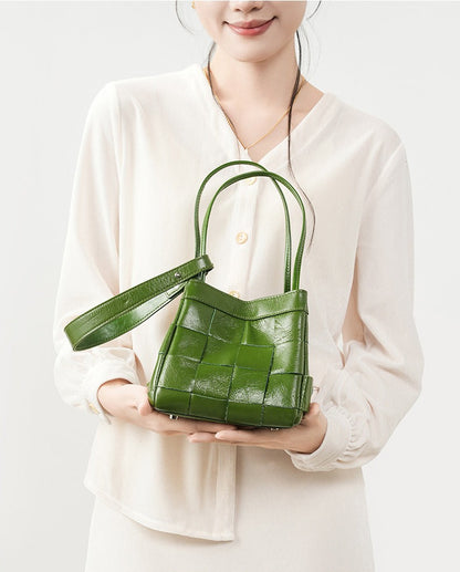Woven Waxed Leather Crossbody Bucket Bag