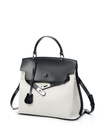Canvas Leather Turn-Lock Top-Handle Bag