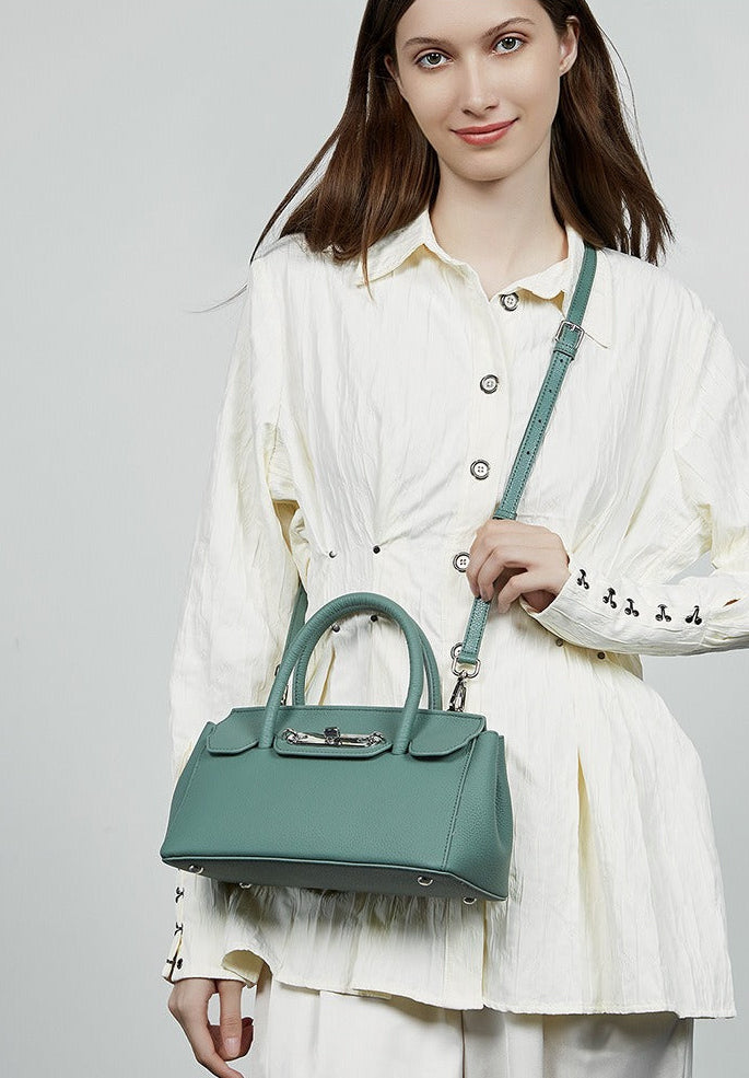 Textured Leather Twist Lock Handbag