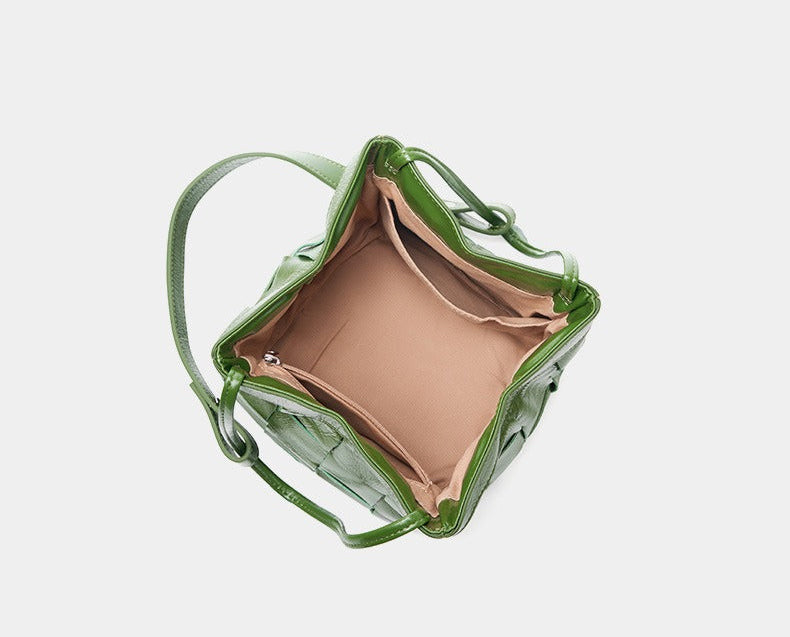 Woven Waxed Leather Crossbody Bucket Bag