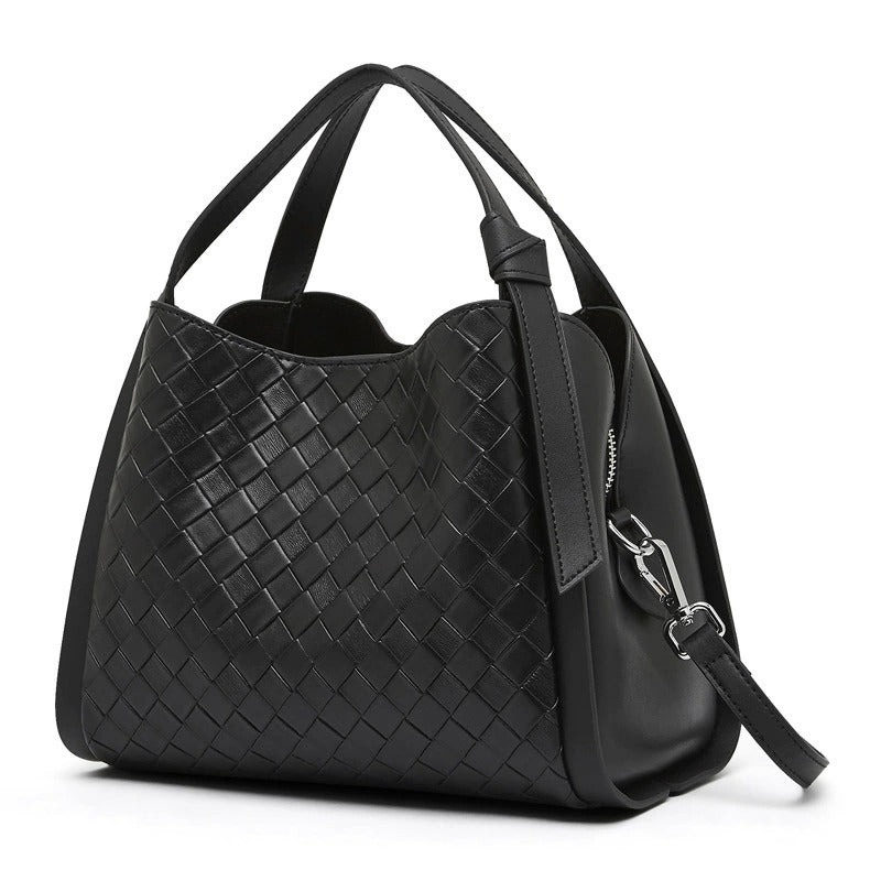 Woven Leather Bucket Tote Bag