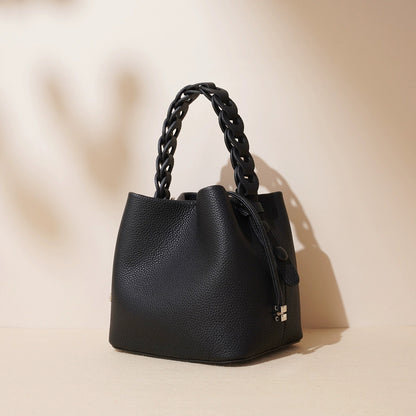 Woven Handle Cowhide Bucket Bag