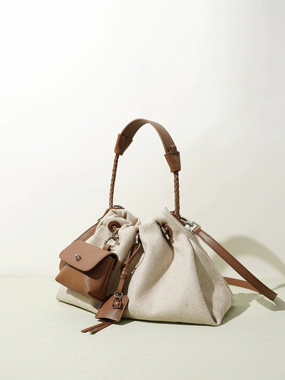 Linen Drawstring Shoulder Bucket Bag