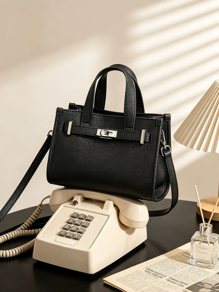Pebbled Leather Turn-Lock Tote Handbag