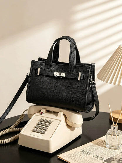 Pebbled Leather Turn-Lock Tote Handbag
