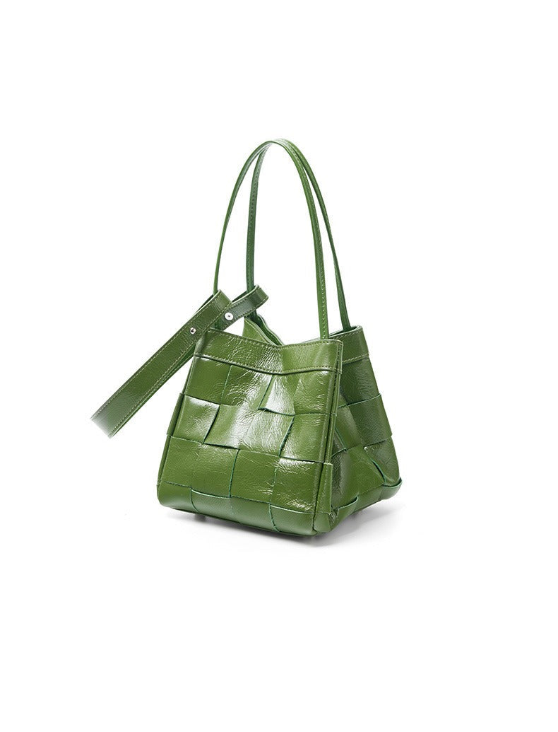 Woven Waxed Leather Crossbody Bucket Bag