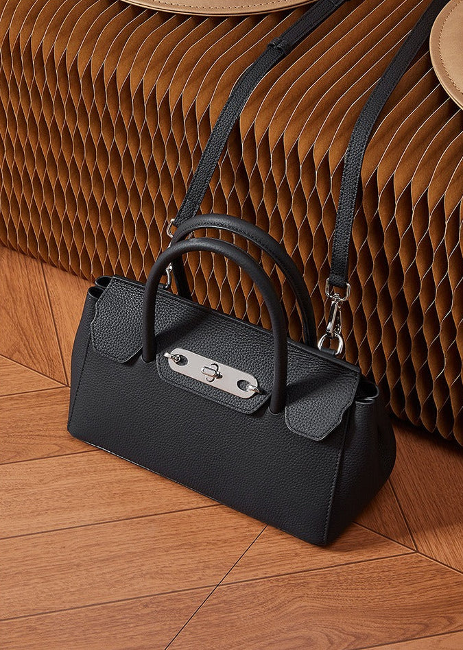 Textured Leather Twist Lock Handbag