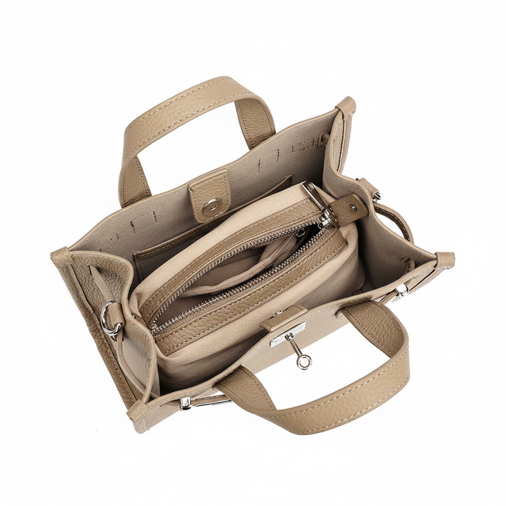 Pebbled Leather Turn-Lock Tote Handbag