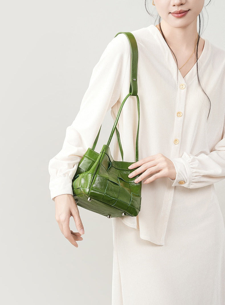 Woven Waxed Leather Crossbody Bucket Bag
