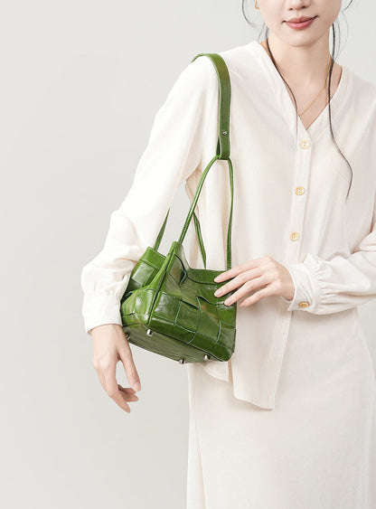 Woven Waxed Leather Crossbody Bucket Bag