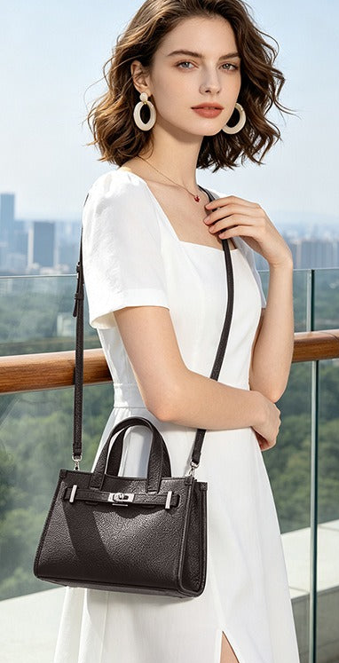 Pebbled Leather Turn-Lock Tote Handbag
