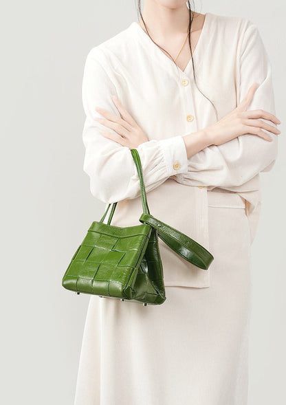 Woven Waxed Leather Crossbody Bucket Bag