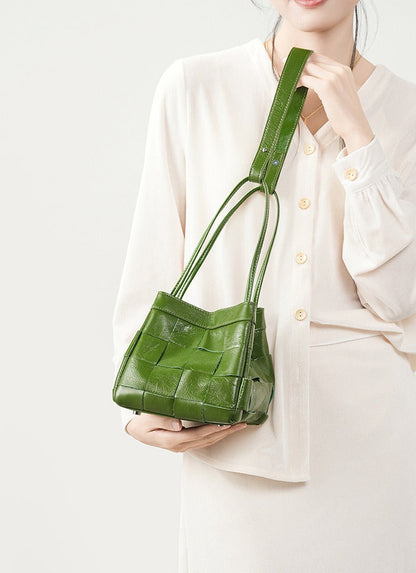 Woven Waxed Leather Crossbody Bucket Bag