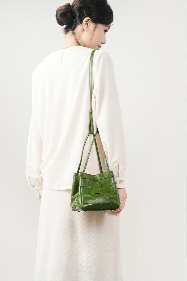 Woven Waxed Leather Crossbody Bucket Bag
