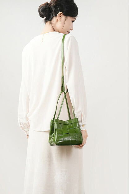 Woven Waxed Leather Crossbody Bucket Bag