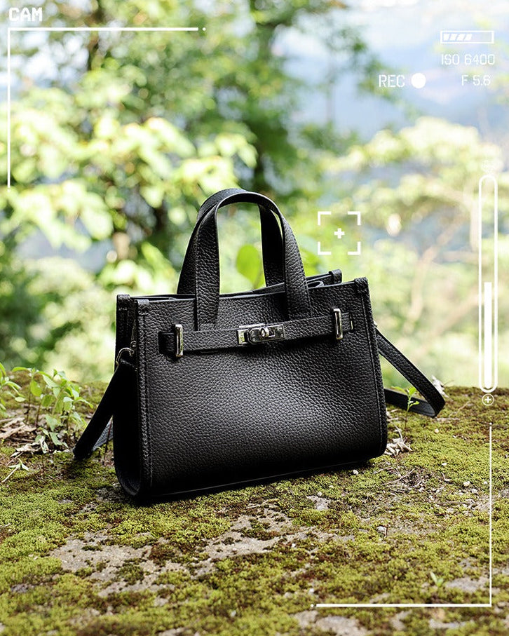 Pebbled Leather Turn-Lock Tote Handbag