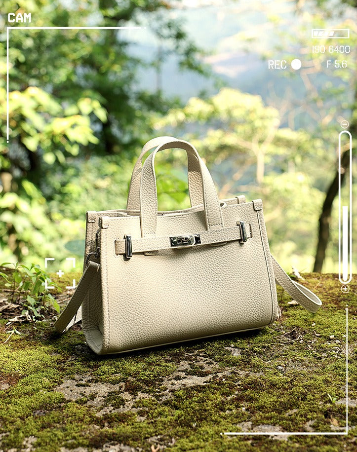 Pebbled Leather Turn-Lock Tote Handbag
