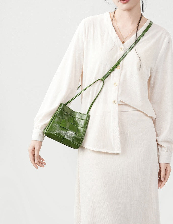 Woven Waxed Leather Crossbody Bucket Bag