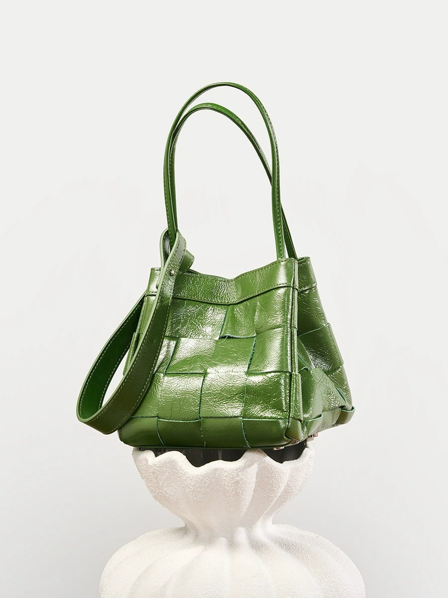Woven Waxed Leather Crossbody Bucket Bag
