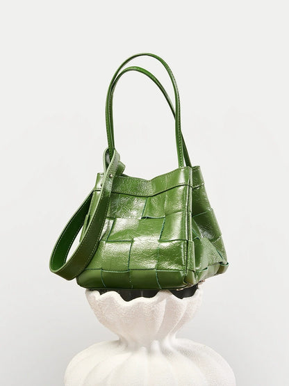 Woven Waxed Leather Crossbody Bucket Bag