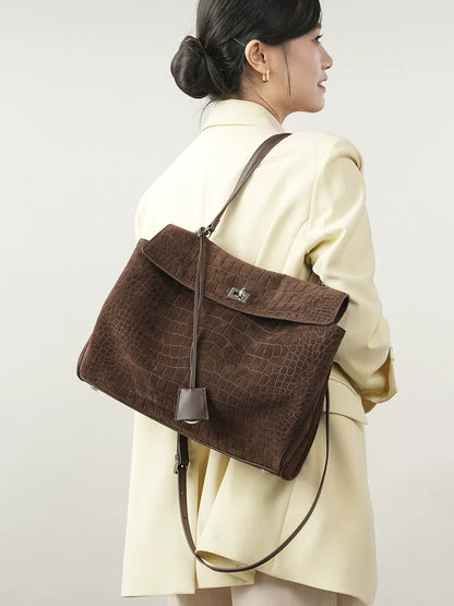 Textured Suede Shoulder Flap Bag
