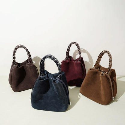 Suede Braided Handle Bucket Bag