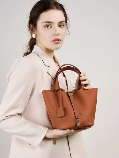 Genuine Leather Luxe Bucket Tote Bag